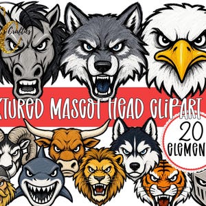 以下が含まれることがあります： 馬、狼、鷲、雄羊、雄牛、サメ、ライオン、ハスキー、虎、騎士など、様々な動物やキャラクターを描いた20種類のテクスチャ付きマスコットヘッドイラストのデジタルコレクションで、Textured Mascot Head Clipart Setというテキストが含まれています。