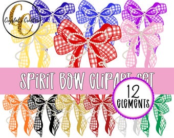Preppy Spirit Bow Clipart, Gingham Bow PNG Set, Cheer Bow Clipart Bundle