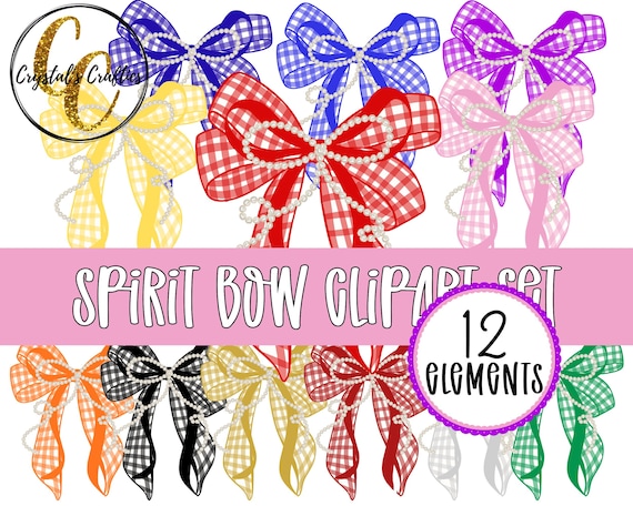 Preppy Spirit Bow Clipart, Gingham Bow PNG Set, Cheer Bow Clipart Bundle
