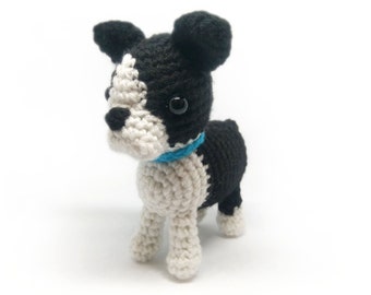 Crochet Amigurumi Cute White Black Boston Bull Terrier Dog Stuffed Animal Plush Toy Handmade