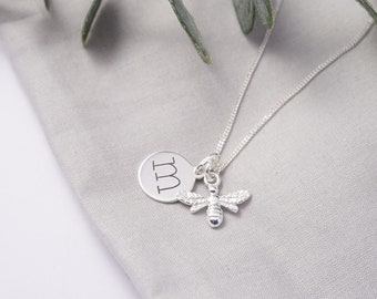 Sterling Silver necklace with one Lowercase Initial charm and Bumble Bee charm