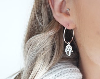 Sterling Silver hoop earrings with Hamsa Hand charms