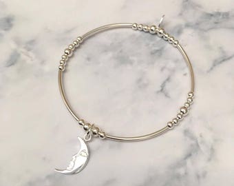 Sterling Silver noodle stretch bracelet with Crescent Moon charm