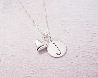 Sterling Silver necklace with one Lowercase Initial charm and Heart charm