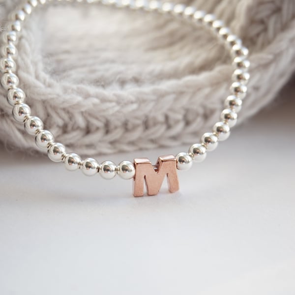 Sterling Silver stretch bracelet with Rose Gold Initial bead