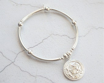 Sterling Silver chunky stretch noodle bracelet with Roman Medallion Coin