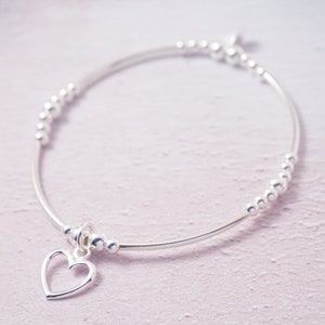 Sterling Silver noodle stretch bracelet with Open Heart charm image 2