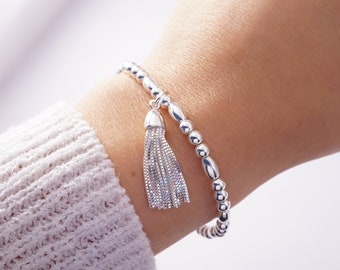 Sterling Silver stretch bracelet with Box Chain Tassel