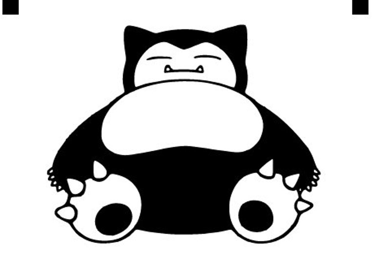 May include: Black and white illustration of a cartoon Snorlax Pokemon, a large, round, sleeping Pokemon with small ears and a wide mouth.