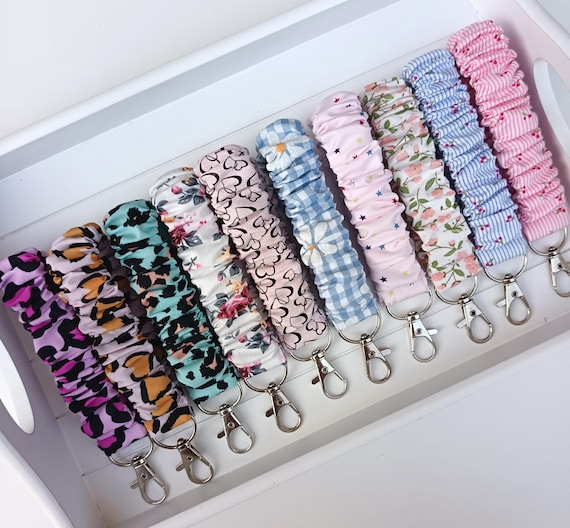 Handmade Scrunchie Wristlet Key Fob: Floral Fabric Keychain (6 inch)