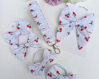 Handmade Cherry Print Cotton Hair Clips, Bobbles, Bows, Wristlet Keychain