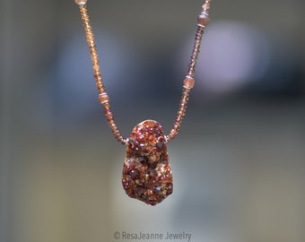 Spessartine Garnet Druzy and Sapphire Necklace Pendant