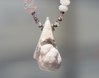 Pink Mangano Calcite and Quartz Druzy Necklace