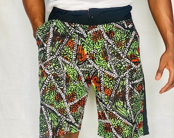 MENS SHORTS Casual Classic Fit Ankara shorts Green Beach shorts All Sizes Golf shorts with Drawstring and Button