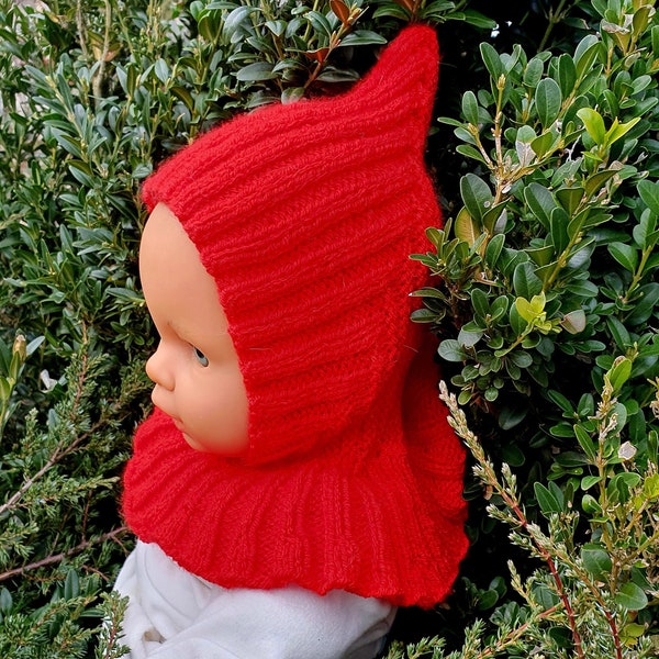 Pixie hat red knit, balaclava, shawl collar baby, 4-6 months