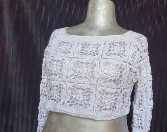 Crochet top long sleeve, shirt cotton boho style, crop top white, size. 42/44, L/XL