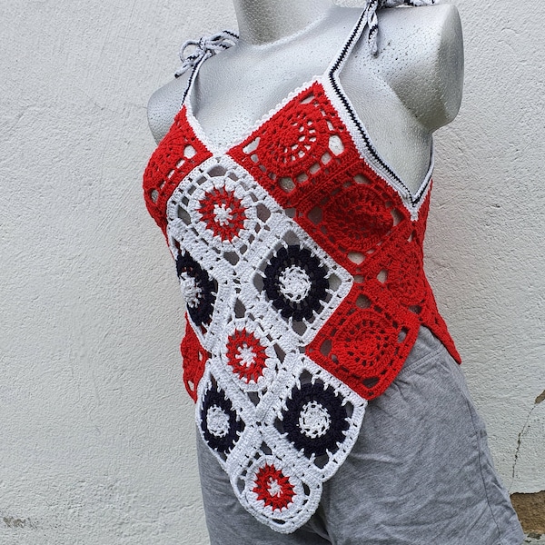 Sommertop rot-weiß, Grannysquares, häkeln, Gr. M/L