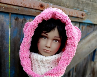 Hooded hat child, headband with twist, pink, white, crochet, KU 52/54 cm