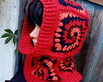 Balaclava red, wool, granny pattern, handmade, hooded hat