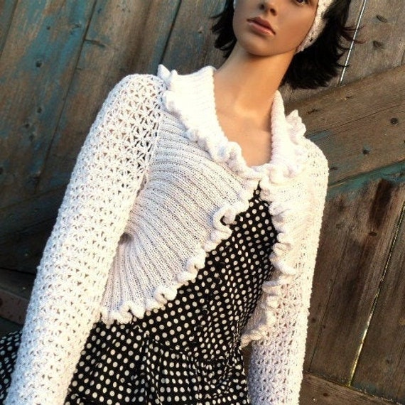 Bolero Jacket White Wedding Crochet Stole Shrug Lace Pattern Crocheted Size M Etsy