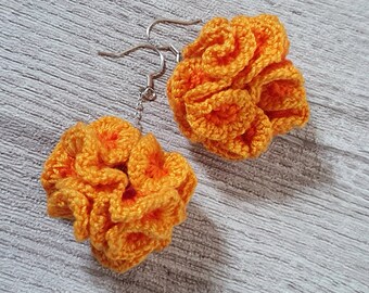 Earrings yellow-orange, earrings flowercrocheted, earhook silver