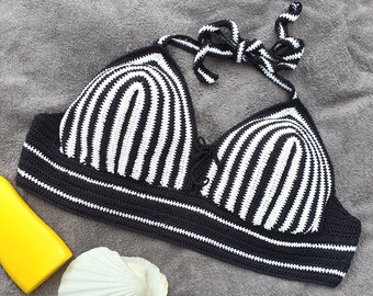 Bikini top XL, crocheted, black and white stripes, plus size, 50s retro style