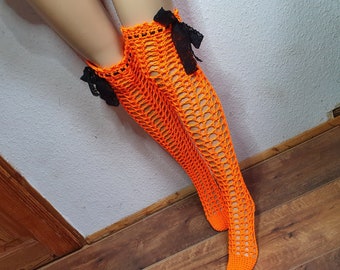 Stockings, mesh pattern, overknees, neon orange, size XS/S