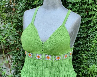 Summer Top Plus Size, Crocheted, Green, Granny Squares