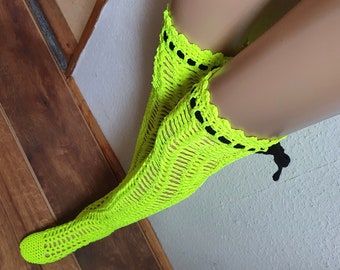 Stockings Overknees , Fishnet Stockings Neon Yellow, LGBTQ Pride, Festival Outfit