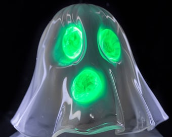 Hand Blown Glass Ghost Decor with Glow In the Dark Blacklight details for Halloween or Fall Decor, Spooky Witch Decoration