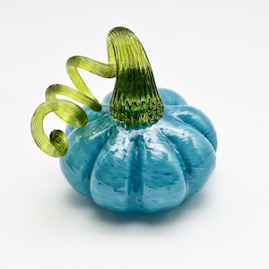 Blue Handmade Glass Pumpkin with Green Stem for Halloween or Fall Decor