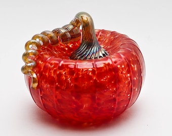 Red Hand Blown Glass Pumpkin with Gold Stem for Halloween or Fall Decor, Glass Blowing