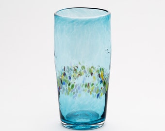 Hand Blown Aqua Blue Pint Glass with Rainbow Speckles