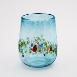 Handblown Aqua Blue Stemless Wine Glass with a Spotted Rainbow Band
