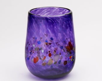 Handblown Purple Stemless Wine Glass with a Spotted Rainbow Band