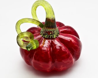 Red Handmade Glass Pumpkin with Green Stem for Halloween or Fall Decor