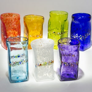 Hand Blown Set of 2 Square Drinking Glasses with Rainbow Detail