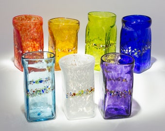 Hand Blown Set of 2 Square Drinking Glasses with Rainbow Detail