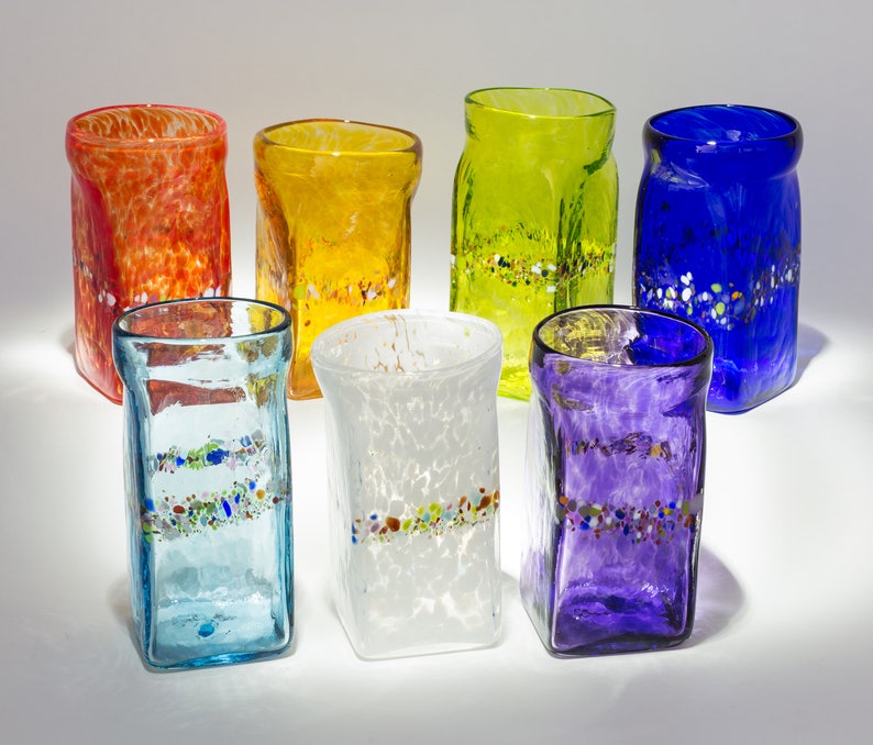 Hand Blown Set of 2 Square Drinking Glasses with Rainbow Detail image 1