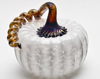 White Hand Blown Glass Pumpkin with Gold Stem for Halloween or Fall Decor, Glass Blowing