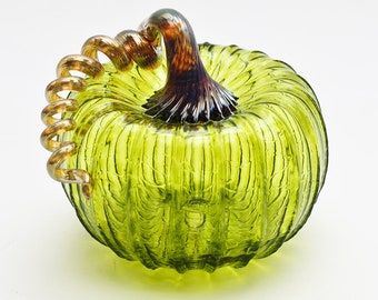 Lime Hand Blown Glass Pumpkin with Gold Stem for Halloween or Fall Decor, Glass Blowing