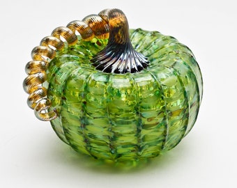 Multi Green Hand Blown Glass Pumpkin with Gold Stem for Halloween or Fall Decor, Glass Blowing