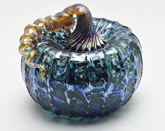 Metallic Blue Hand Blown Glass Pumpkin with Gold Stem for Halloween or Fall Decor, Glass Blowing