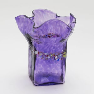 Purple Square Ruffled Hand Blown Glass Vase with Rainbow Speckles