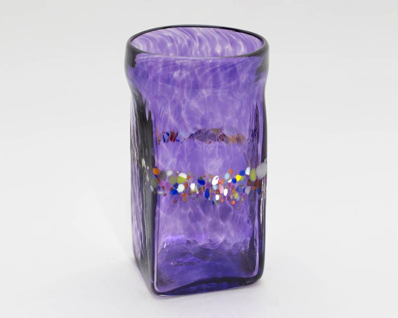 Hand Blown Set of 2 Square Drinking Glasses with Rainbow Detail image 5