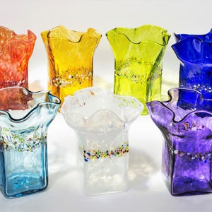 Hand Blown Ruffled Glass Vase, Square Flower Vase, Colorful Home Decor