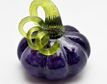 Purple Handmade Glass Pumpkin with Green Stem for Halloween or Fall Decor