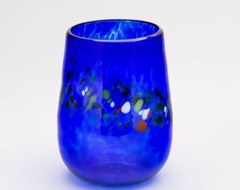 Handblown Cobalt Blue Stemless Wine Glass with a Spotted Rainbow Band