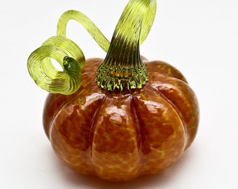 Brown Handmade Glass Pumpkin with Green Stem for Halloween or Fall Decor