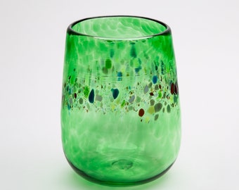 Handblown Emerald Green Stemless Wine Glass with a Spotted Rainbow Band